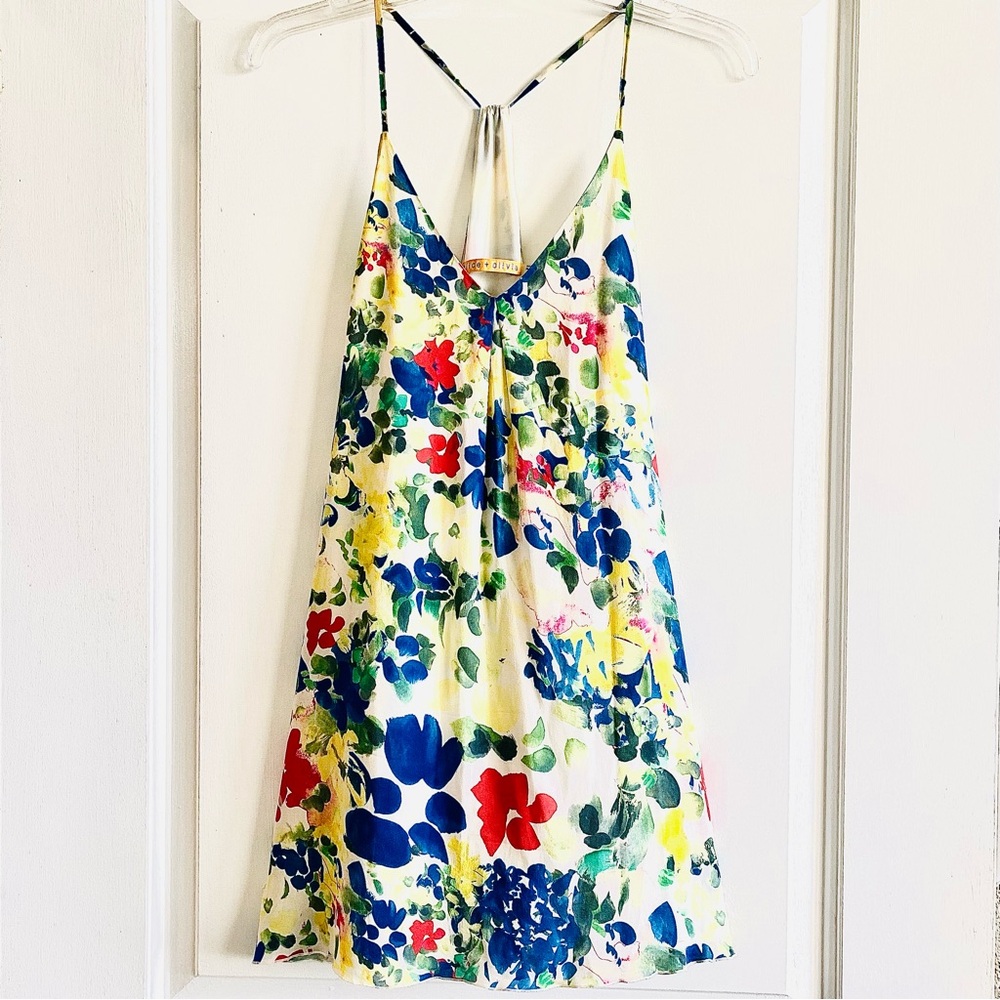 ALICE + OLIVIA | Silk Watercolor Floral V-Neck Y-Back Fierra Mini Dress …